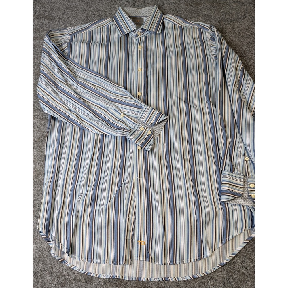 Thomas Dean Dress Shirt Long Sleeve Men's Large Blue Striped Cotton EUC